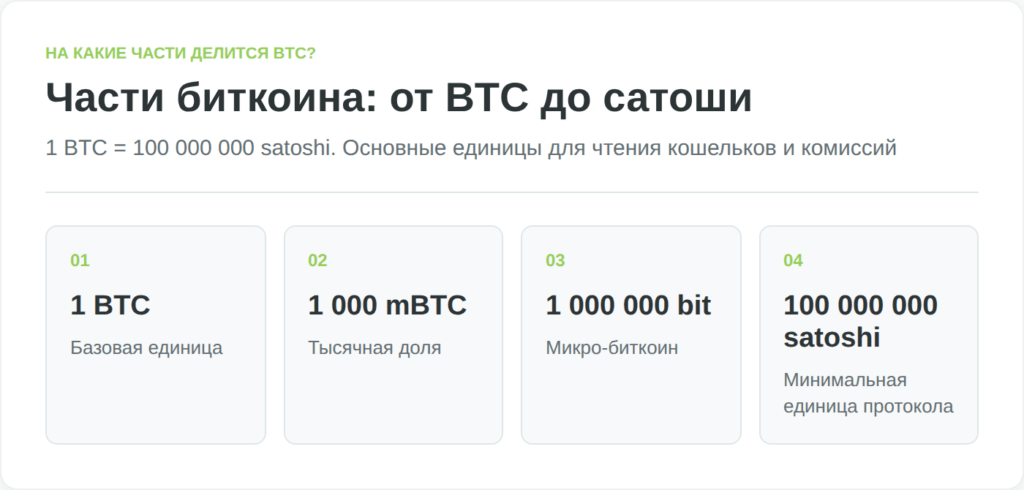 Инфографика показывает, как биткоин делится на меньшие единицы: BTC, mBTC, bit и satoshi