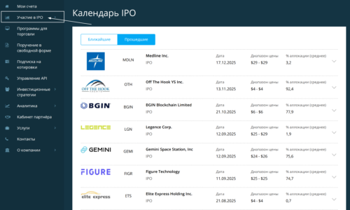 Календарь IPO в личном кабинете Just2Trade