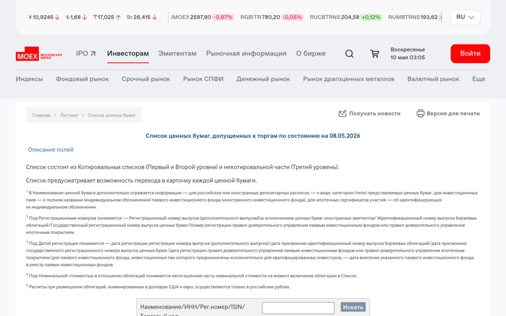Список акций и котировальные уровни Московской биржи