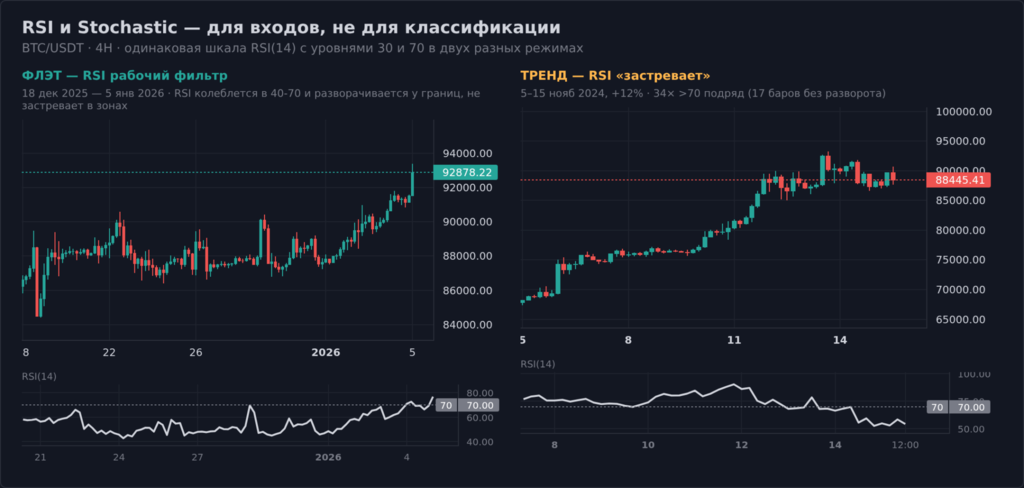 BTC/USDT 4H, сравнение работы RSI(14) во флэте декабря 2025 и в тренде ноября 2024: во флэте RSI колеблется в 40-70 у границ канала, в тренде RSI выше 70 без разворота на 17 баров подряд