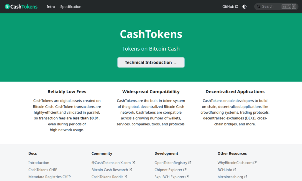 Скриншот сайта CashTokens с описанием токенов на Bitcoin Cash