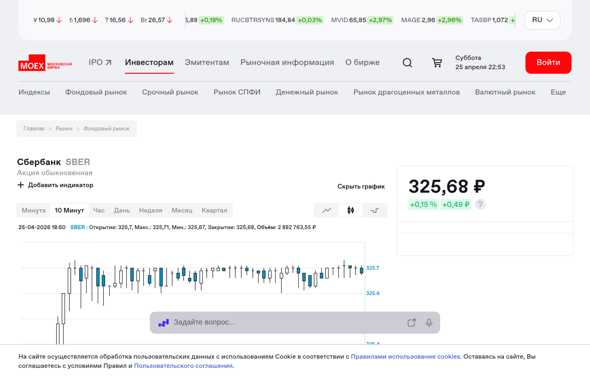 Сайт Московской биржи MOEX: страница акции Сбербанк SBER с котировками и графиком