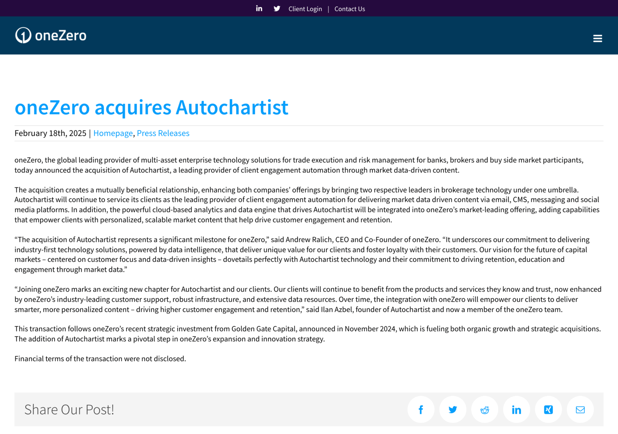 Страница oneZero о приобретении Autochartist