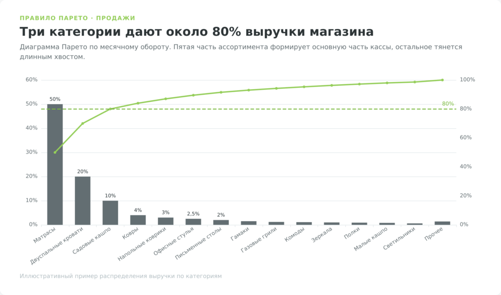 Диаграмма Парето продаж: правило 80/20 в структуре выручки магазина
