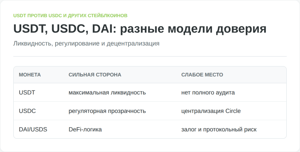 Сравнение USDT, USDC и DAI по эмитенту, прозрачности и применению