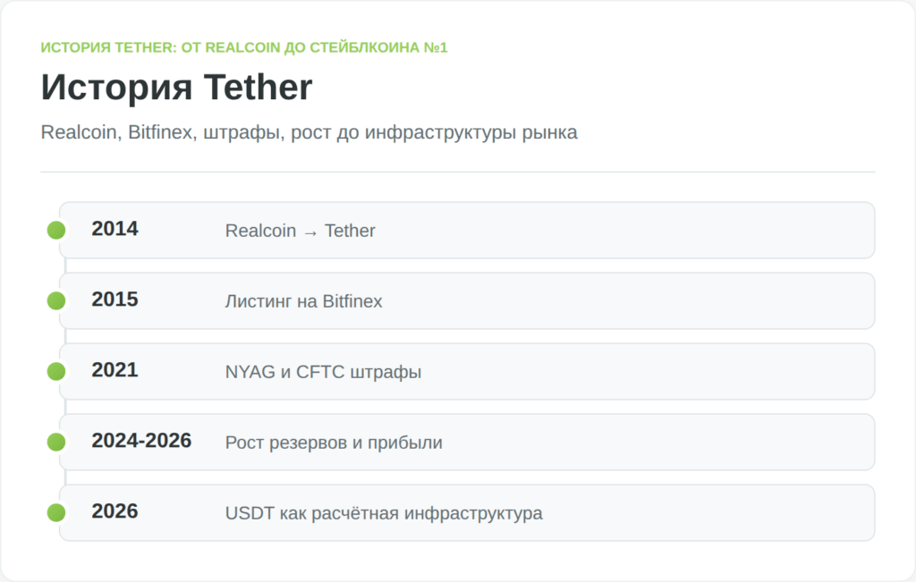 Таймлайн развития Tether от Realcoin до крупнейшего стейблкоина