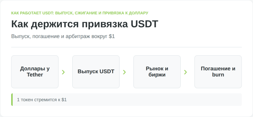 Схема выпуска и сжигания USDT и арбитража при отклонении от доллара