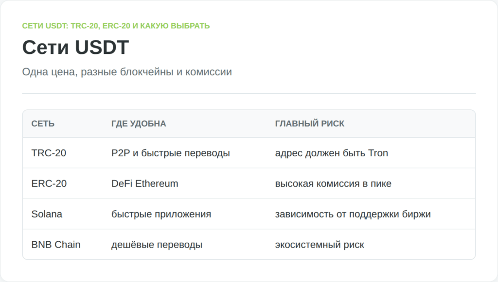 Сравнение сетей USDT TRC-20, ERC-20, Solana и BNB Chain по применению