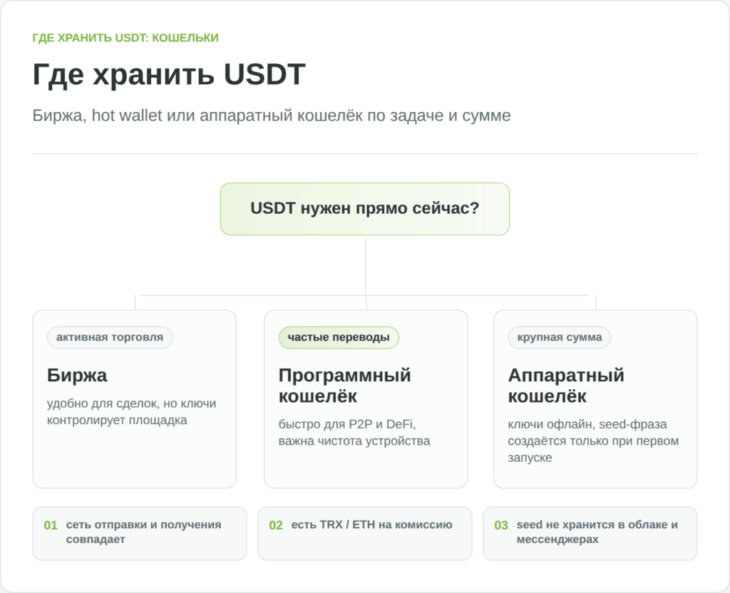 Дерево выбора способа хранения USDT: биржа, программный кошелёк или аппаратный кошелёк