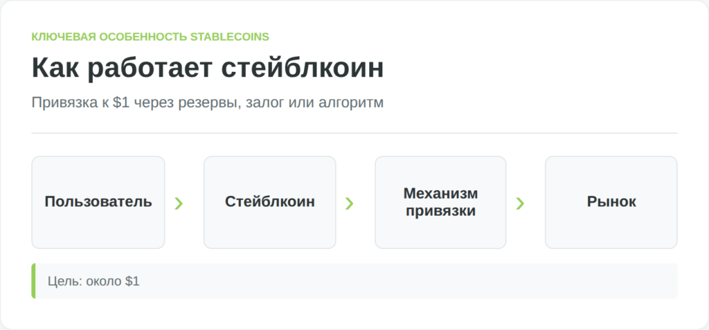 Инфографика объясняет базовый принцип стейблкоина и привязки к доллару