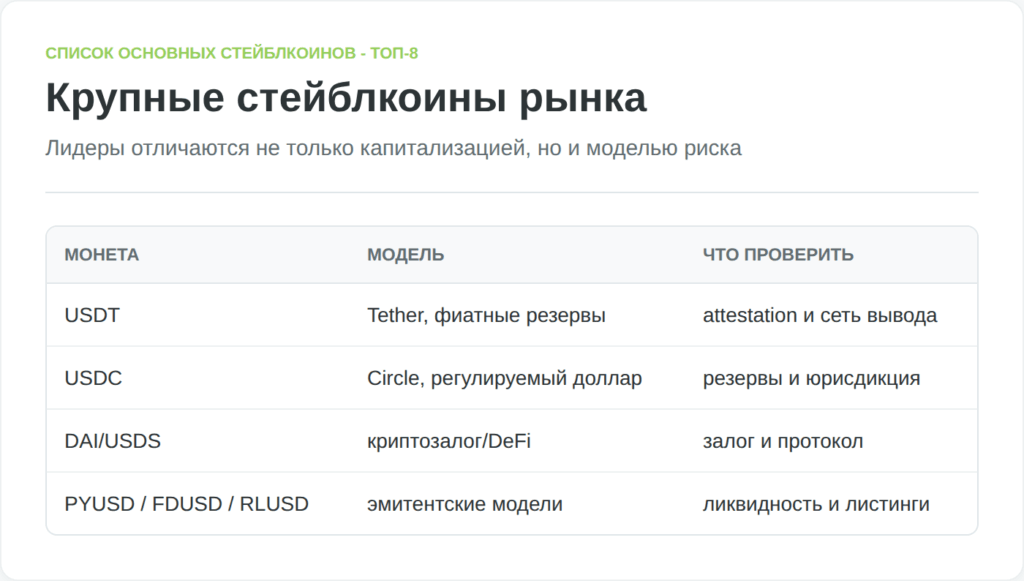 Инфографика показывает основные стейблкоины, их эмитентов и ключевой риск