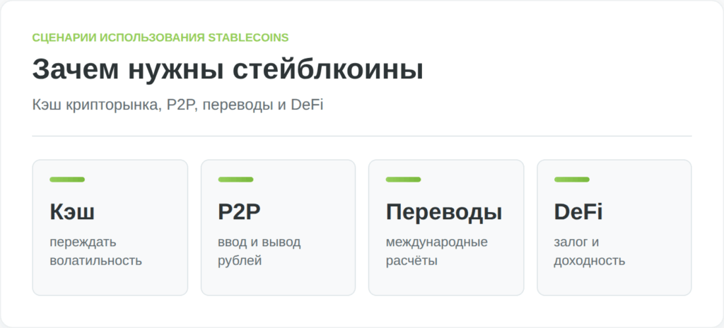 Инфографика показывает четыре основных сценария использования стейблкоинов