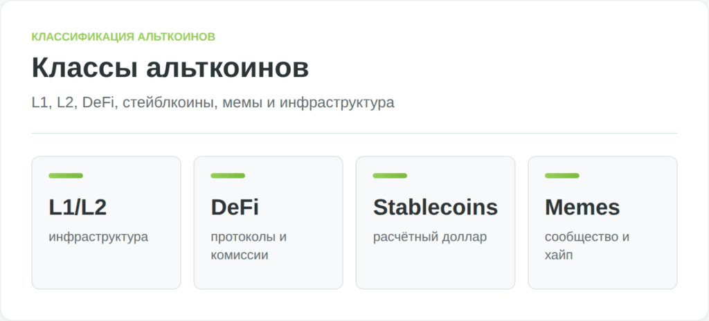 Инфографика классифицирует альткоины по назначению и источнику риска
