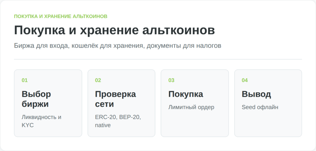 Инфографика показывает базовую схему покупки и хранения альткоинов