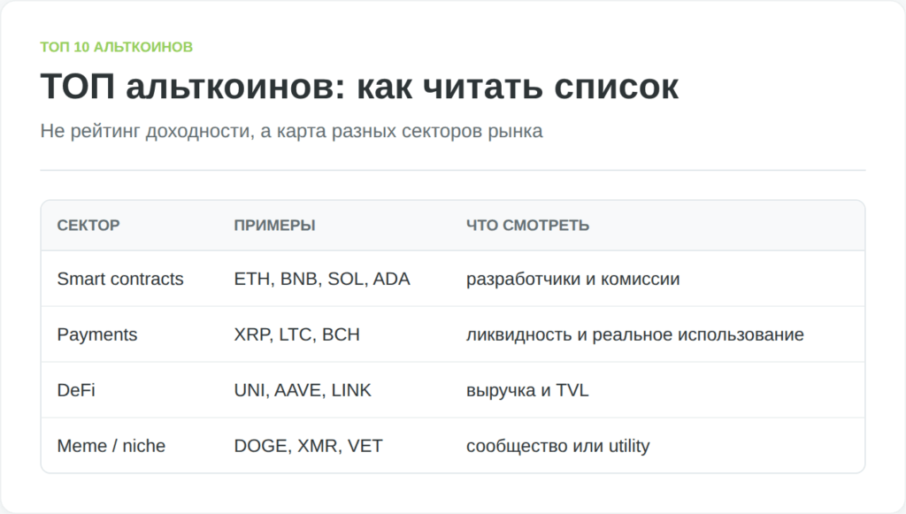Инфографика показывает примерную структуру ТОП альткоинов по секторам