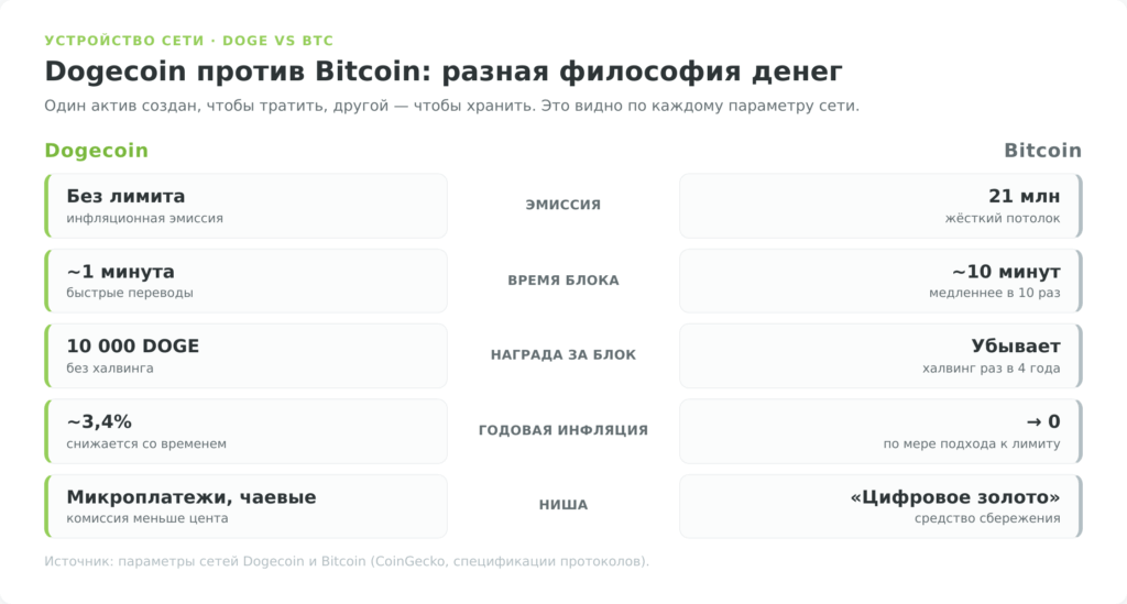 Сравнение Dogecoin и Bitcoin: эмиссия, время блока, инфляция, ниша