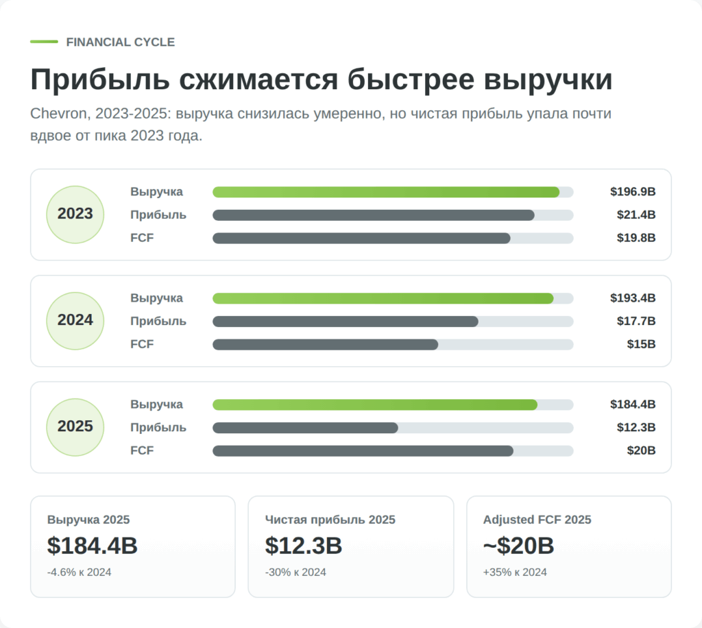 Динамика выручки, прибыли и свободного денежного потока Chevron в 2023-2025 годах