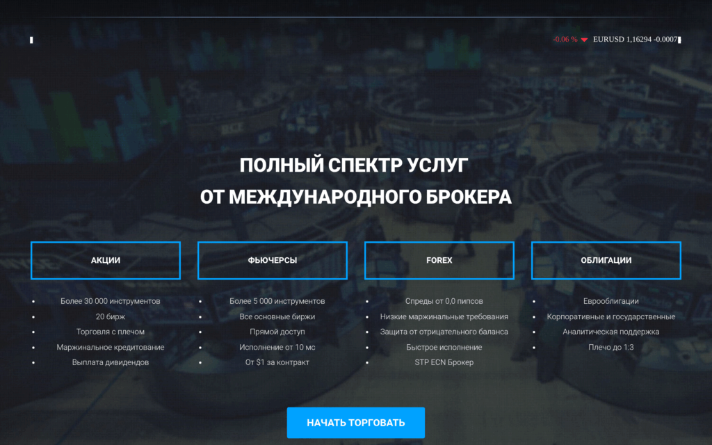 Публичная страница брокера Just2Trade с доступом к зарубежным рынкам