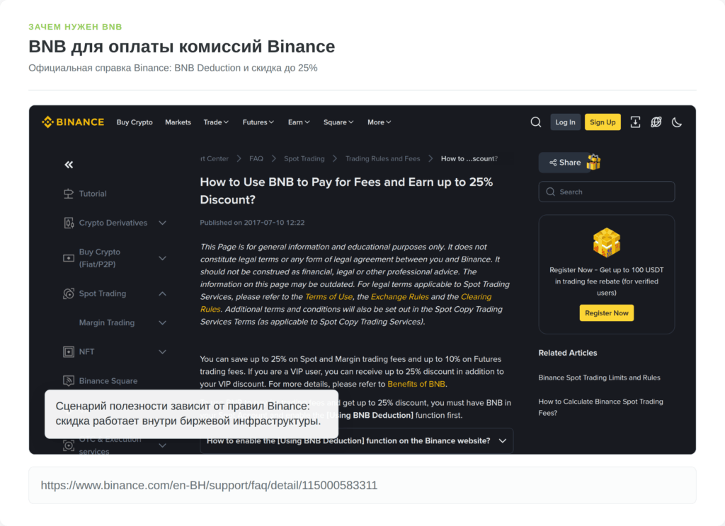 Справка Binance о скидке на комиссии при оплате BNB
