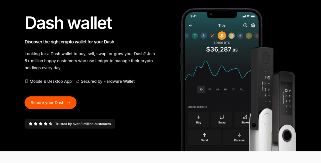 Страница Ledger о поддержке аппаратного кошелька для Dash