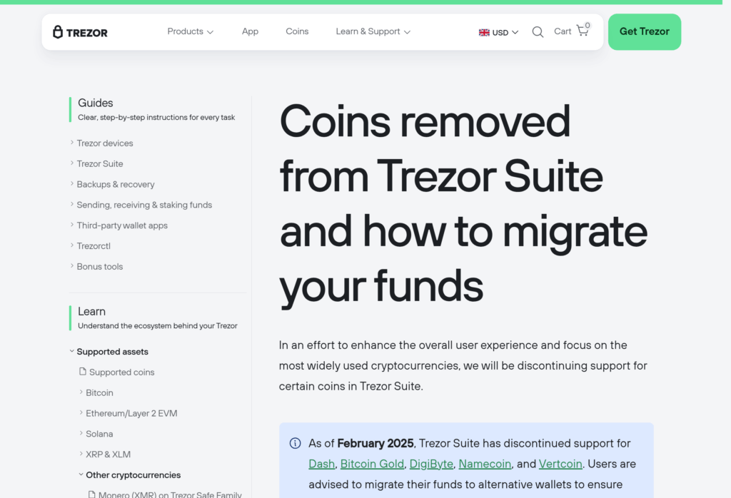 Страница Trezor со списком монет, удалённых из Trezor Suite, включая Dash