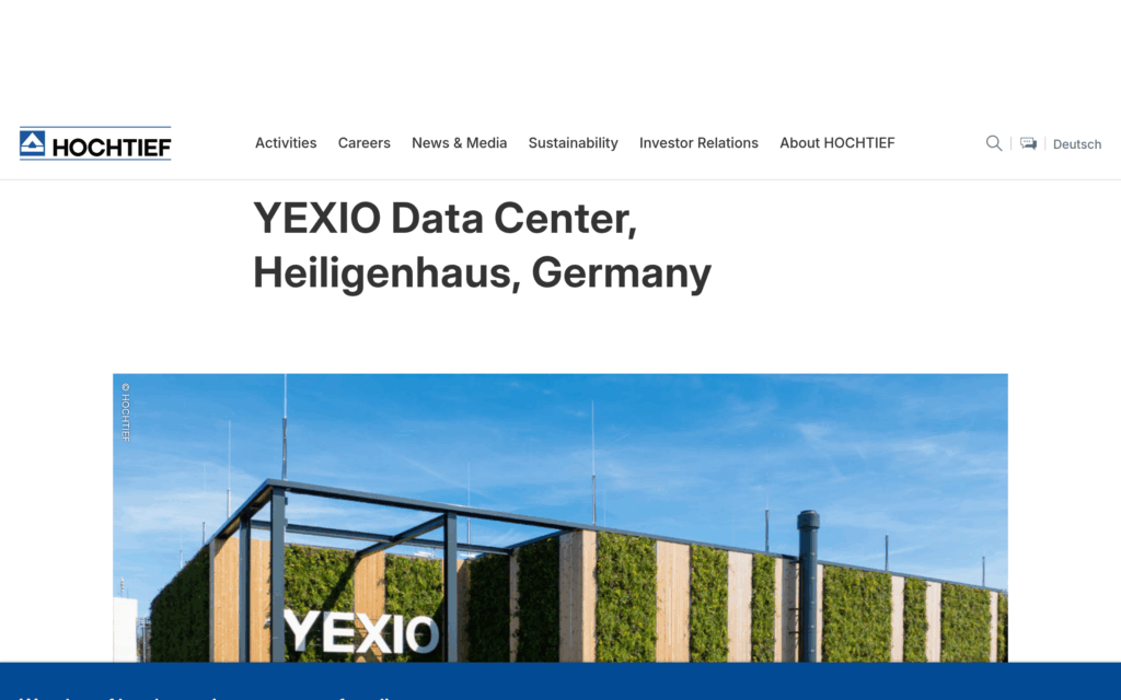 Проект YEXIO Data Center на официальном сайте Hochtief