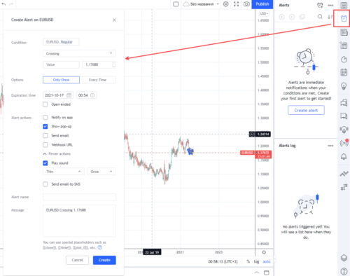 Настройка алертов на живом графике от TradingView