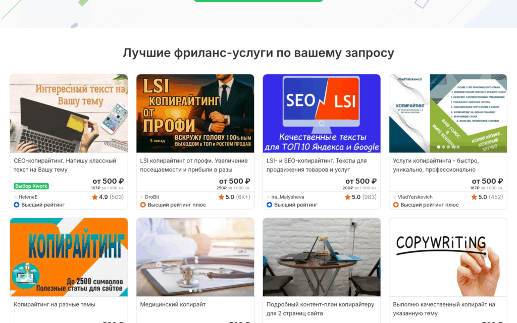 Каталог услуг копирайтеров на Kwork с реальными предложениями и ценами