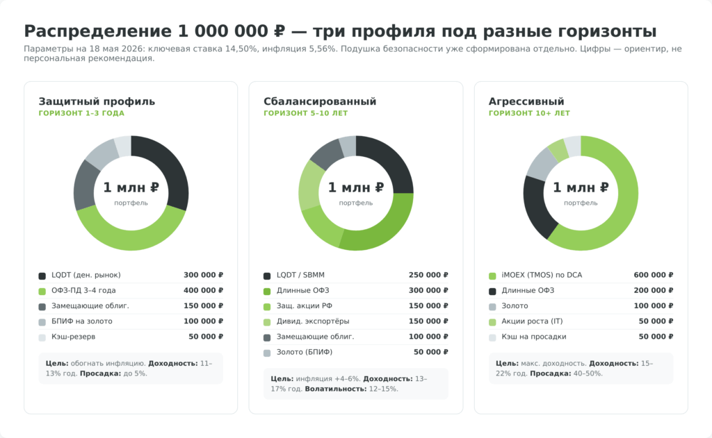 Распределение 1 миллиона рублей — три профиля инвестора (защитный, сбалансированный, агрессивный)
