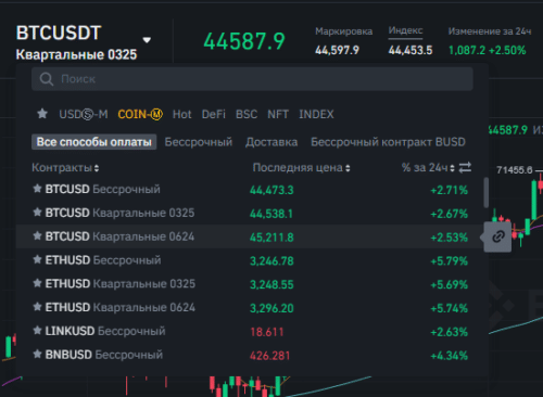 Меню нужного типа контракта