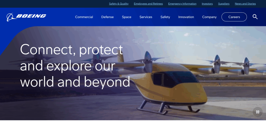 Официальная главная страница Boeing с навигацией по коммерческому, оборонному, космическому и сервисному бизнесу