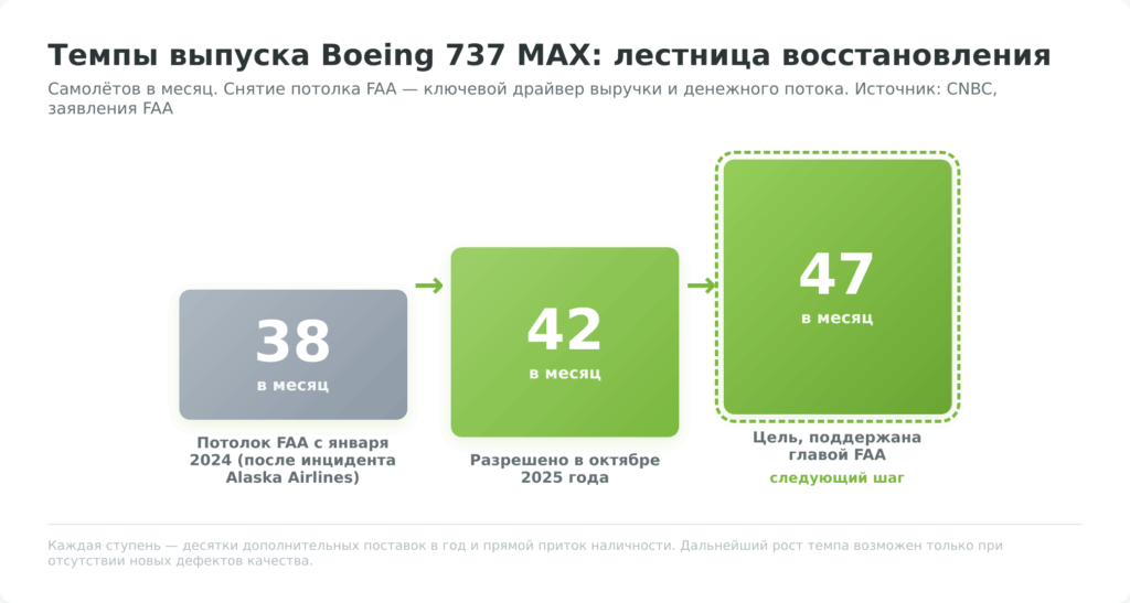 Темпы выпуска Boeing 737 MAX: рост с 38 до 42 и 47 самолётов в месяц