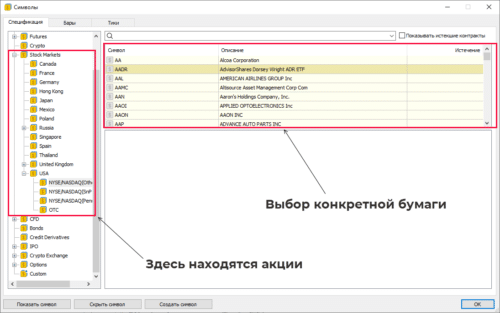 выбор иностранных акций в MT5