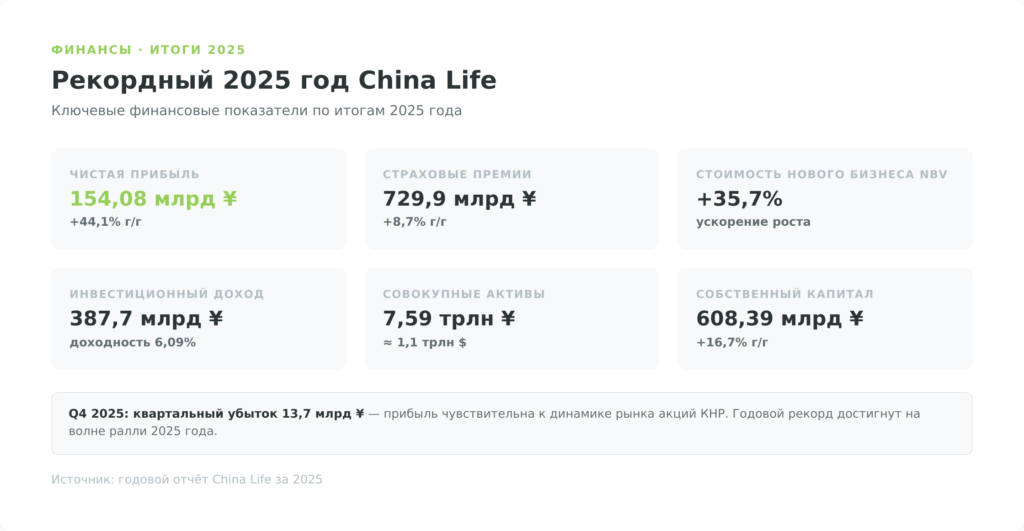 Финансовые результаты China Life 2025: чистая прибыль 154 млрд юаней, премии 729 млрд
