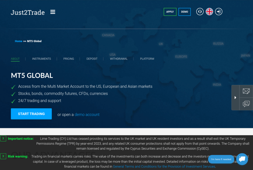 Счёт MT5 Global брокера Just2Trade с доступом к биржам США, Европы и Азии