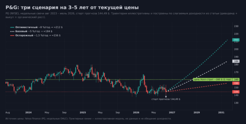Три сценария цены акции Procter & Gamble (PG) на 3–5 лет от 144,49 доллара: оптимистичный около 8% в год до 212 долларов, базовый около 5% до 184, осторожный около 1,5% до 156, плюс годовая цель Уолл-стрит около 160 долларов