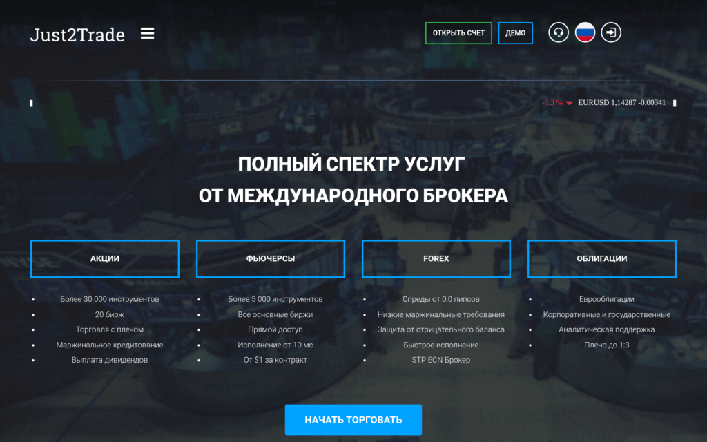Публичная страница международного брокера Just2Trade с доступом к акциям и облигациям