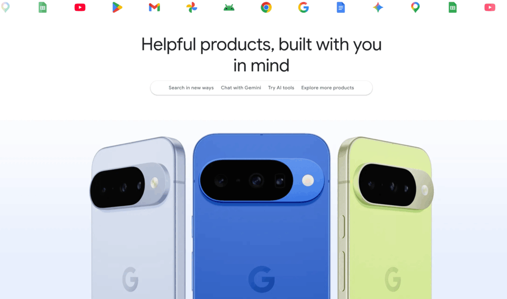Официальный сайт Google с продуктами экосистемы Alphabet
