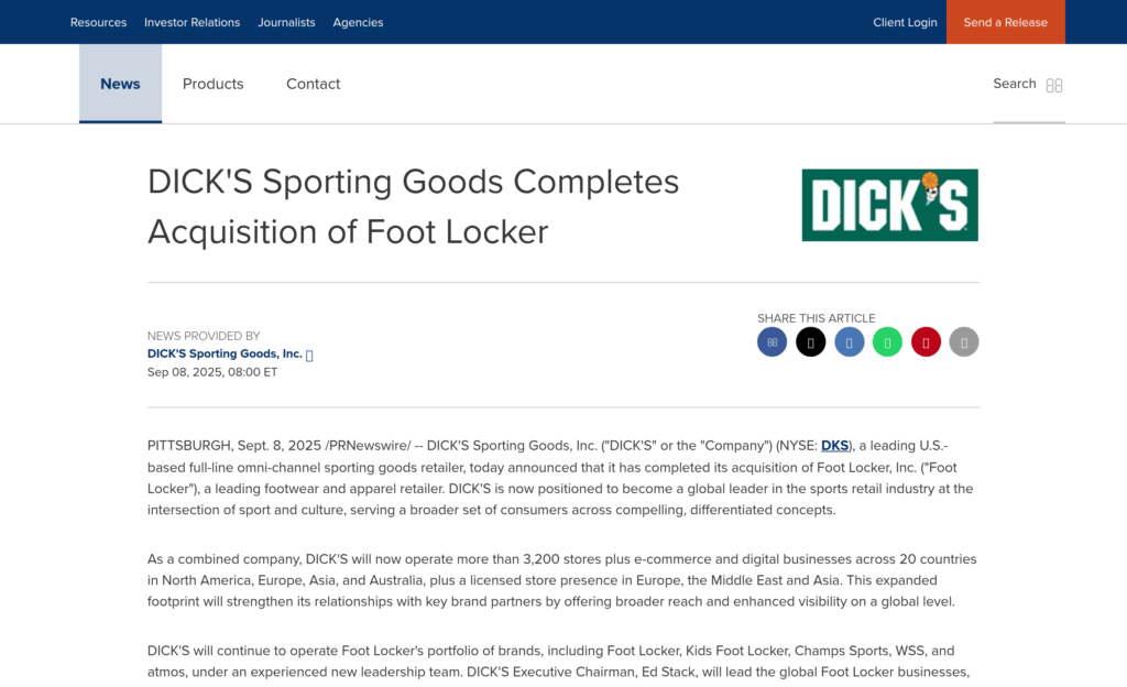 Пресс-релиз Dick's Sporting Goods о завершении покупки Foot Locker, сентябрь 2025