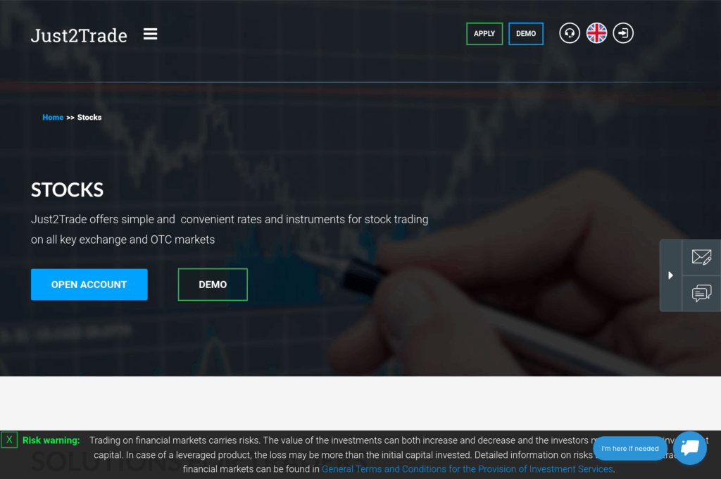 Раздел акций брокера Just2Trade — доступ к биржам для покупки акций