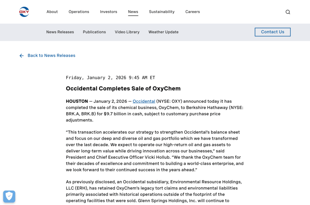 Официальное сообщение Occidental о завершении продажи OxyChem компании Berkshire