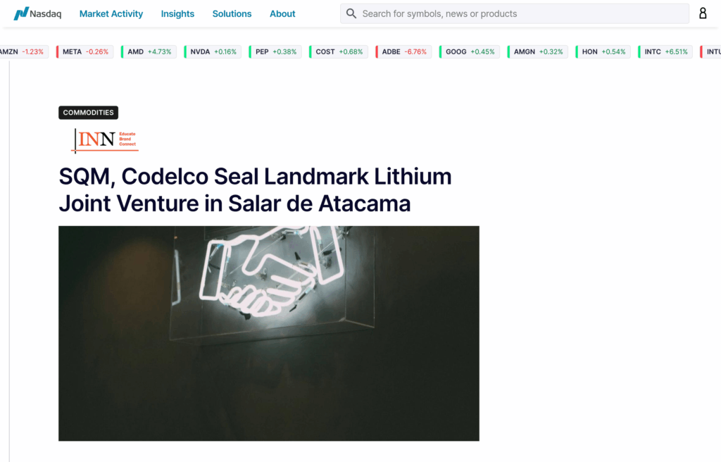 Новость о создании СП SQM и Codelco в деловом издании
