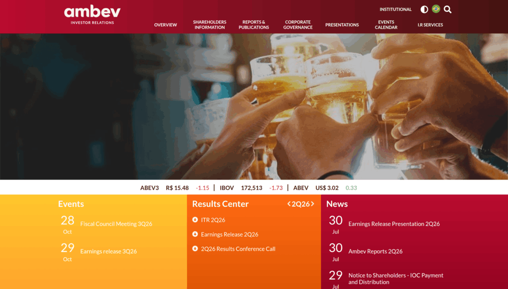 Официальный центр результатов Ambev с отчётом за второй квартал 2026 года