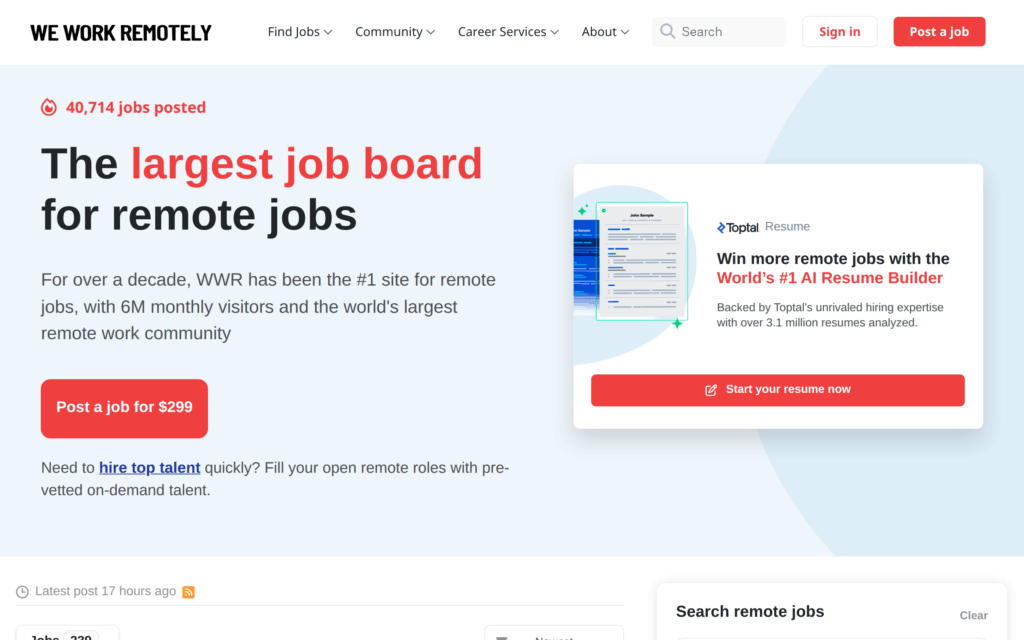 Главная страница We Work Remotely с удалёнными вакансиями