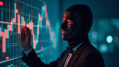 A man in a criminal mask draws on a stock market chart