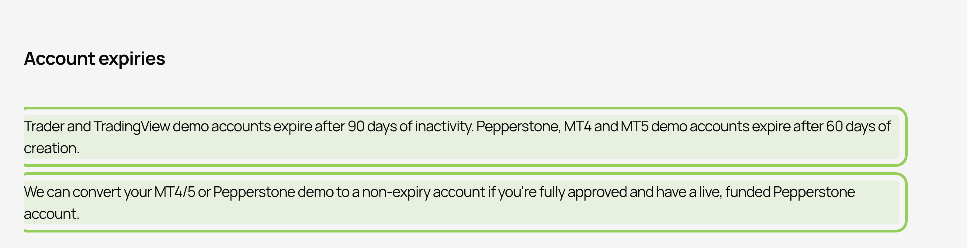 Раздел Account expiries на странице демо-счёта брокера Pepperstone