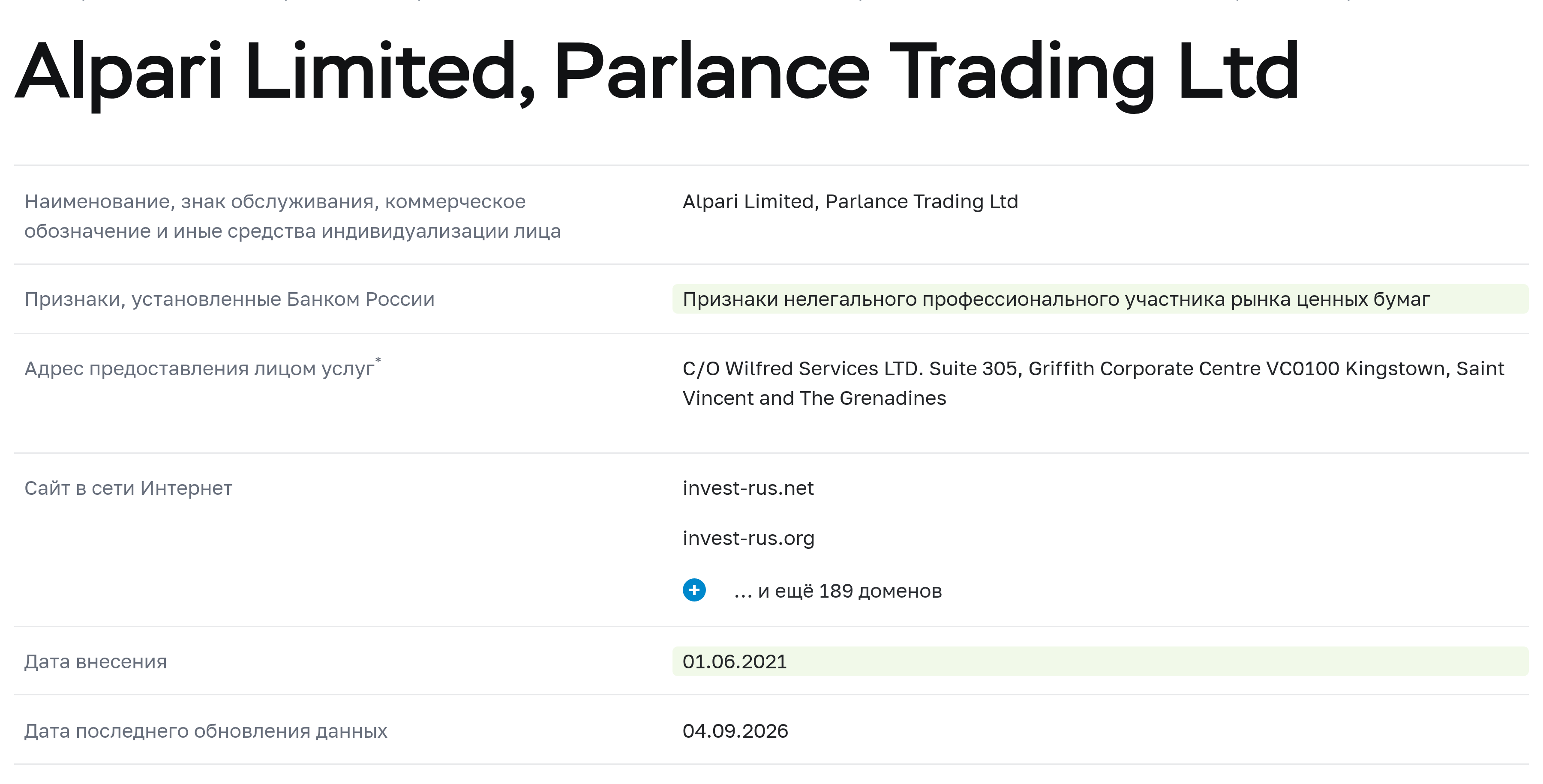 Карточка Alpari Limited в списке Банка России с признаками нелегальной деятельности