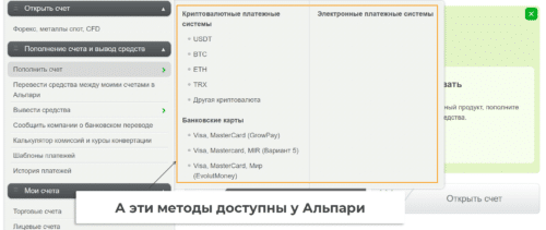 пополнение счета альпари
