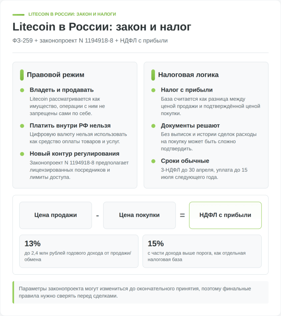 Инфографика объясняет правовой режим Litecoin в России и налог с прибыли от продажи LTC