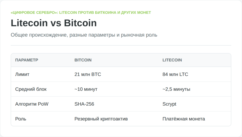 Сравнение Litecoin и Bitcoin по лимиту эмиссии, времени блока, назначению и сетевому эффекту